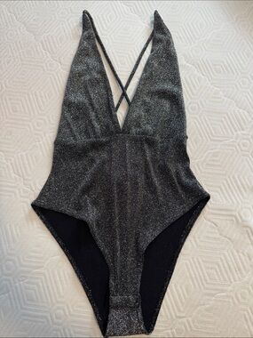 Forever 21 Black Metallic Deep V Bodysuit